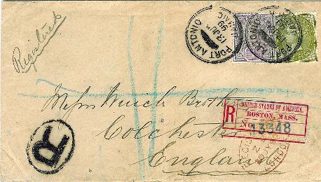 Figure 2:  Boston registry label on cover from Jamaica to England, 1899.